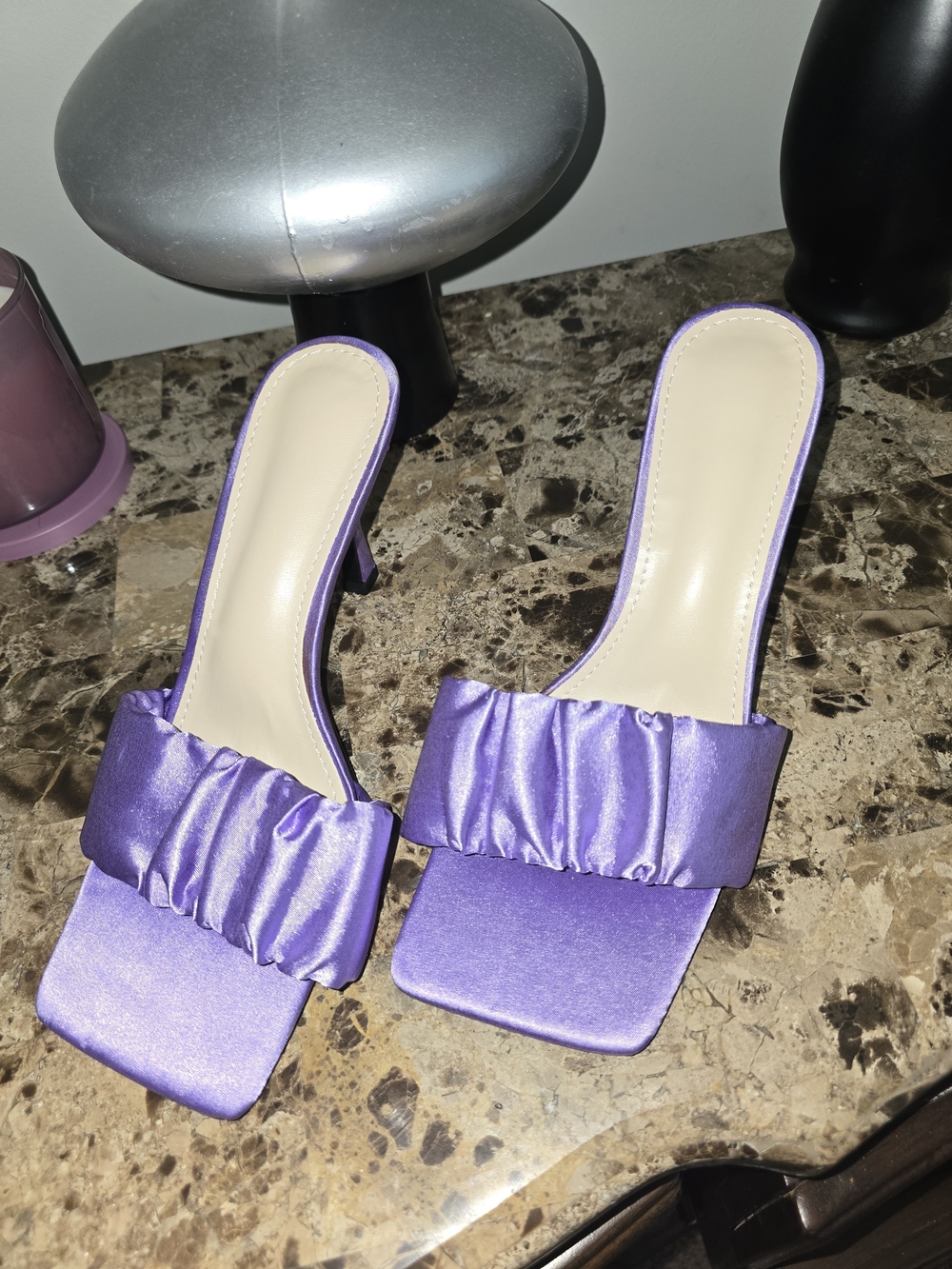 Purple Satin Slide Heels with Ruched Strap - Women